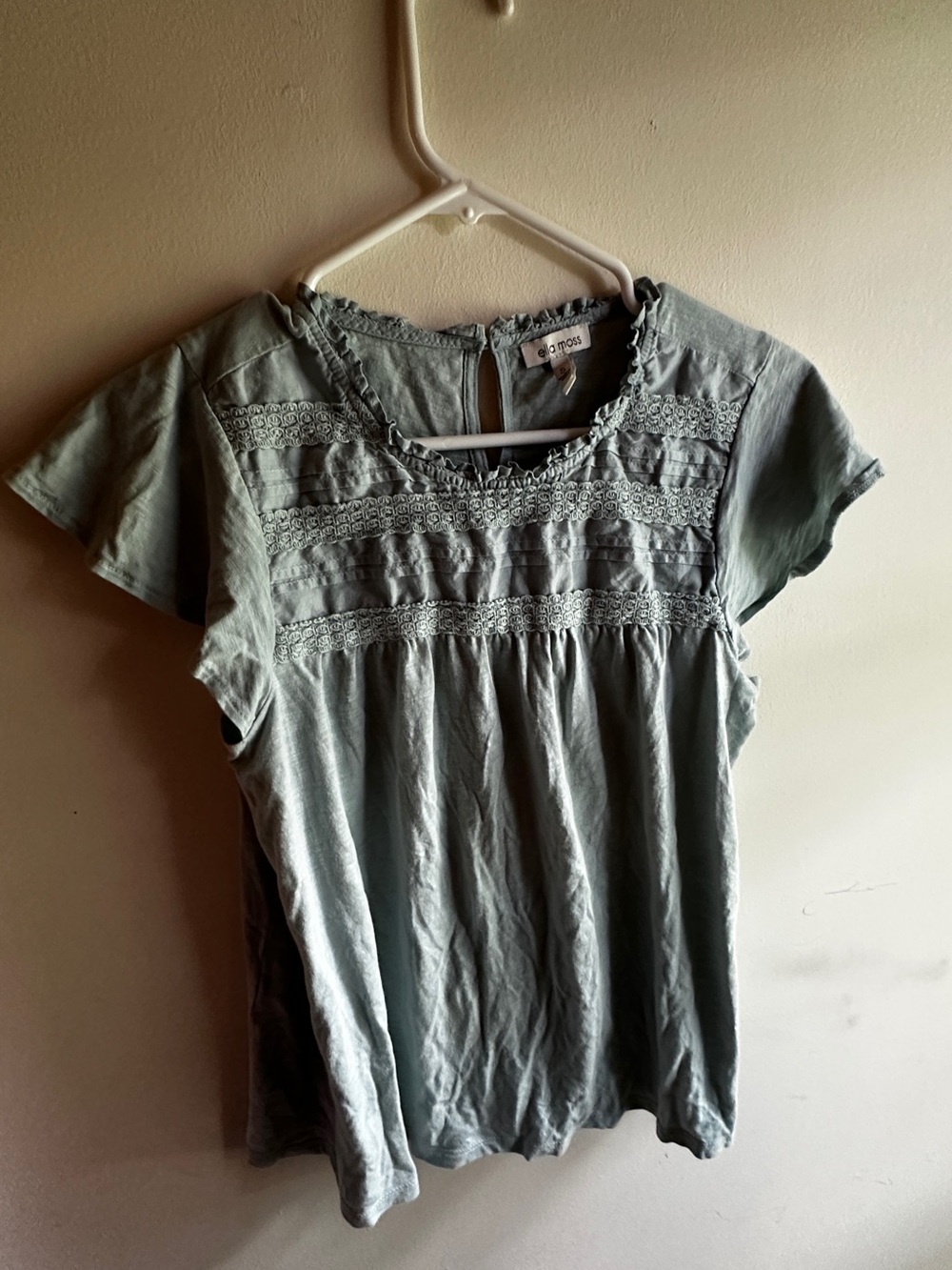 Ella Moss Light Blue Crochet Yoke Short Sleeve Top